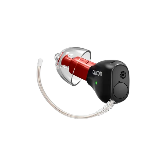 Close-up of a single Oticon Zeal in-the-ear hearing aid